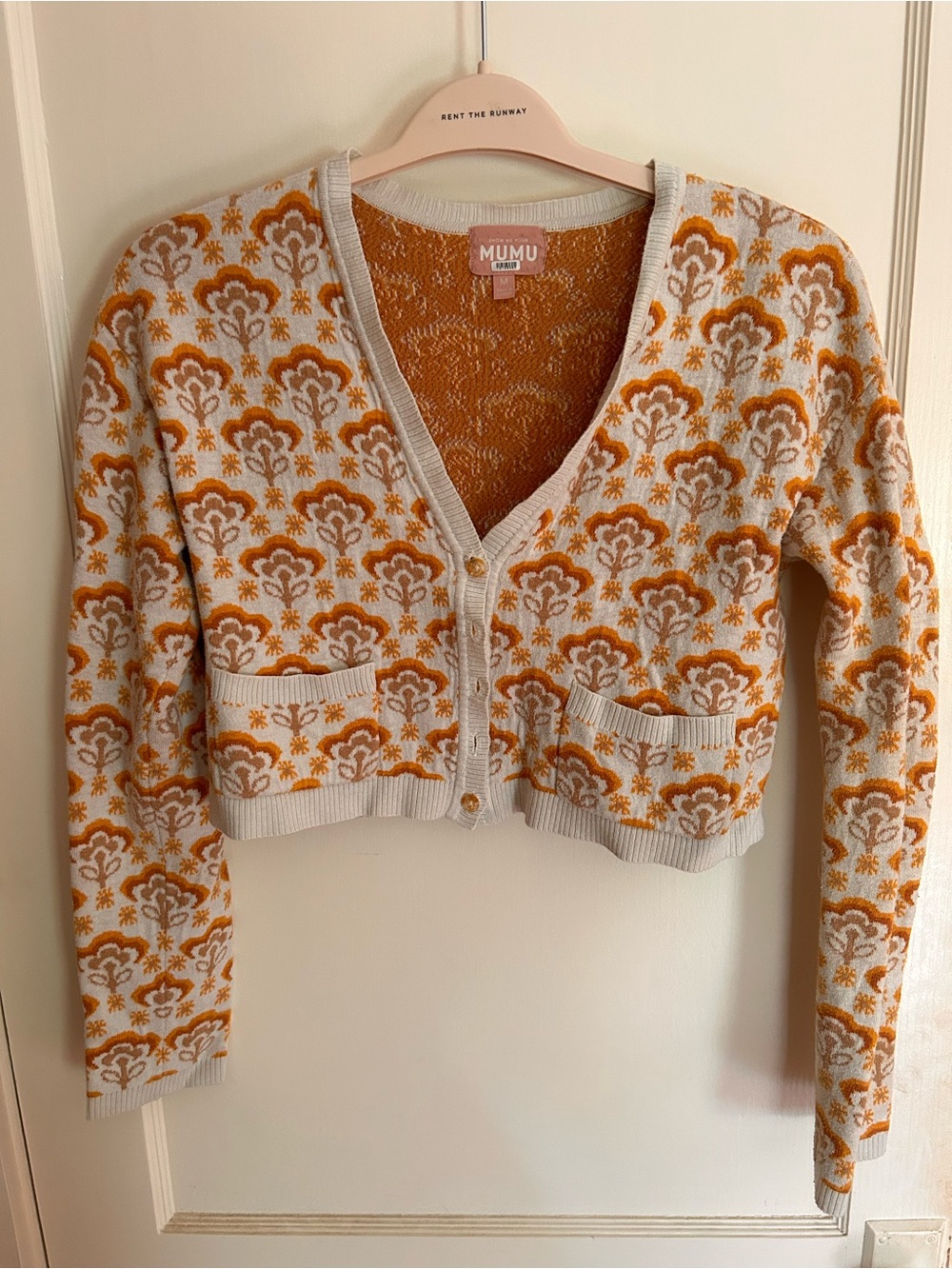 Show Me Your MuMu Cream & Mustard Patterned Crop V-Neck Cardigan